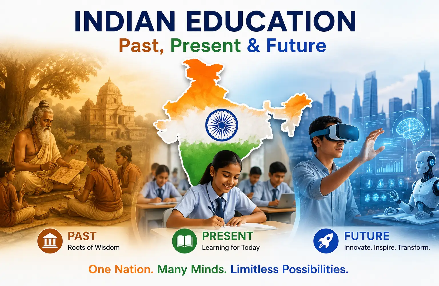 Illustration showing the evolution of Indian education from the ancient Gurukul system to modern classrooms and AI-powered future learning with the map of India.